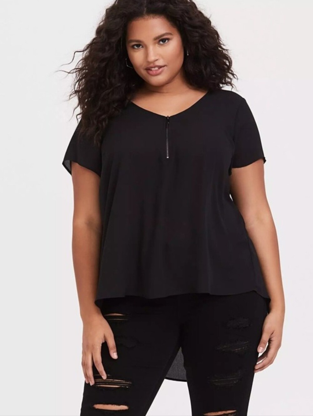 Torrid Deep Black Georgette Zip-Front Blouse in Size: 0